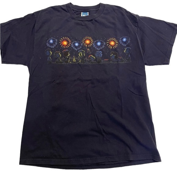 Vintage Peanuts Snoopy Gang Fireworks Campfire Navy T-Shirt Delta Pro Weight L